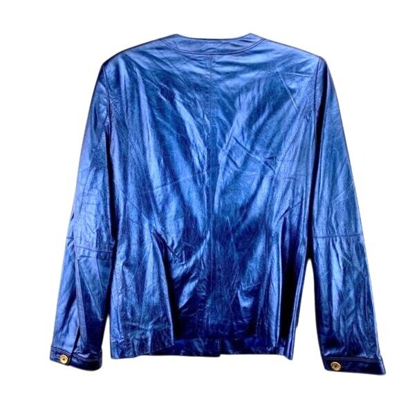 St. John Blue Metallic Lambs Leather Jacket size 8 - Picture 3 of 4